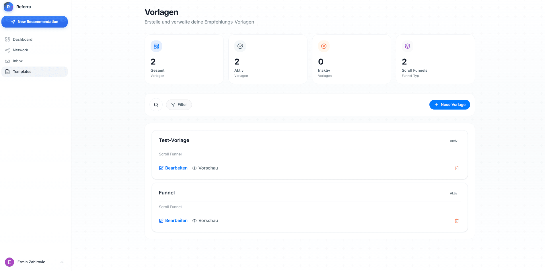 Templates overview with referral funnels